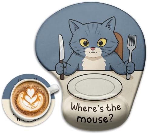 iRudyard 2Pcs Rubber Coasters Absorbent Mouse Pad Wrist Support Pu Cat Fun