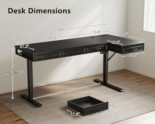 OffiGo 63 Inch L Shaped Standing Desk with 4 Wooden Drawers, Black