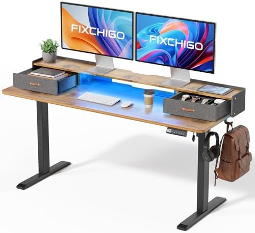 Electric Standing Desk with Drawers, 63 Inch Height Adjustable Desk with Power Outlets & LED Lights, Sit Stand Table with Monitor Stand for Home, Office, Brown