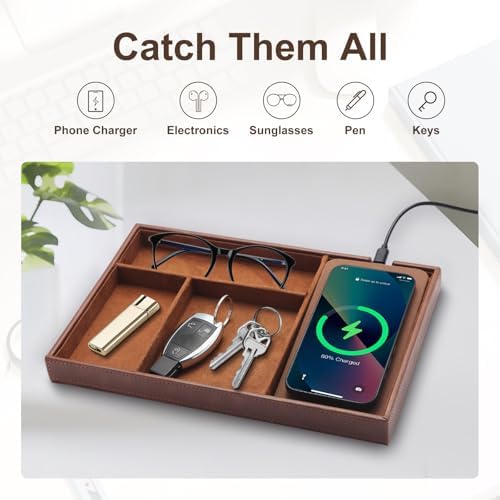 Valet Tray with Wireless Charging, All in one Nightstand Organizer for Men