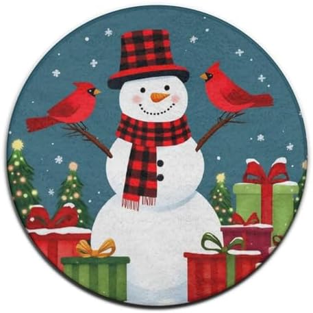 Soft Round Yoga Carpet, Office Chair Decor Round Mat for Carpet and Hardwood Floors Red Green Buffalo Plaid Snowflake Snowman Christmas
