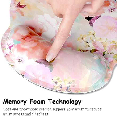 Ergonomic Mouse Pad with Wrist Support, Floral Memory Foam Wrist Rest Mouse Pads, Cute Computer Laptop Office Accessories Decor, Pain Relief Mousepad for Gaming Work Women Girls, Pink Flowers