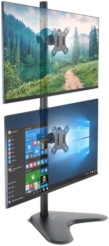 Mount-It! Vertical Dual Monitor Stand, Freestanding Stacked Monitor Mount for 2 Screens 17–32", Height Adjustable, Tilt Swivel Rotate, Portrait or Landscape, Holds 17.6 lbs per Arm, No Desk Clamp Needed