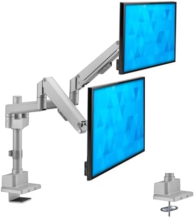 Mount-It! Dual Monitor Mount - Monitor Stands for 2 Monitors, Computer Arms on Desk Stand, Gas Spring Height Adjustable Desk Mount in Silver, VESA 75, 100 Fits Screens Up to 32", Silver Color