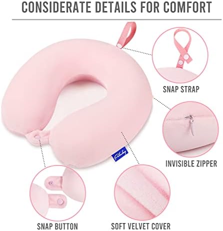 Fabuday Memory Foam Neck Pillows for Travel - Airplane Pillows for Sleeping with Attachable Snap Strap Soft Washable Cover, Flight Pillow for Traveling, Car, Office, Provide Head Neck Support Pink