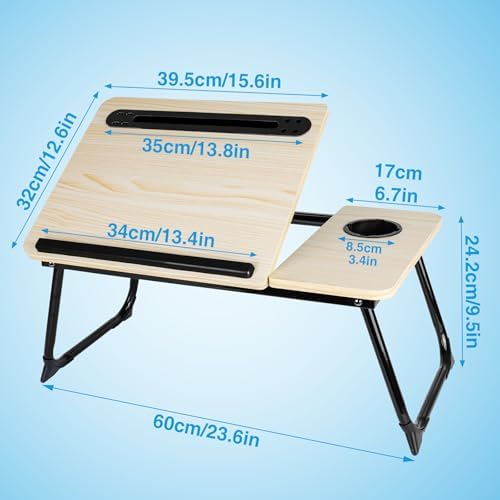 Laptop Bed Desk, Adjustable Lap Desk, Small Laptop Table with USB Charge Port, Desktop Card &Pen Slot, Cup Holder, Foldable Bed Tray Table for Couch Sofa Chair Floor Eating Working