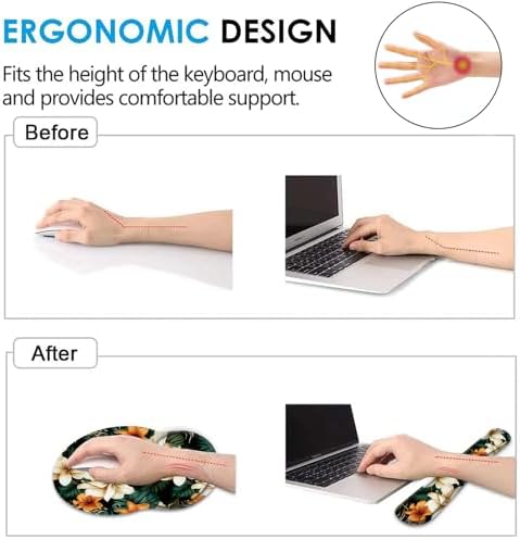 Keyboard Wrist Rest and Mouse Pad Wrist Support Set with Coaster,Ergonomic Mouse Pad,Comfortable for Easy Typing, Pain Relief,Memory Foam Keyboard Pad Set for Laptop Mac,White Brown Flowers