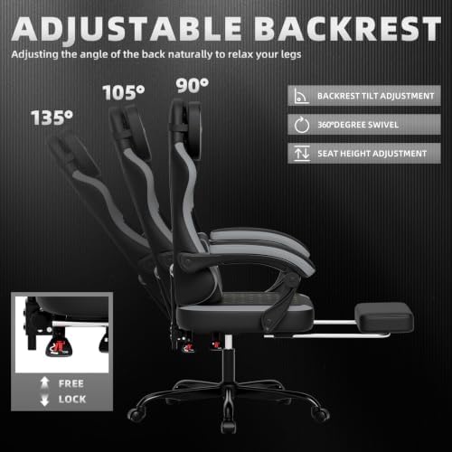 Ergonomic Gaming Chair with Footrest & Massage Lumbar Pillow, Height Adjustable 360° Swivel Computer Chair, Linked Armrest & Headrest for Office Gaming (Black Grey)