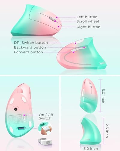 Lekvey Ergonomic Mouse, Rechargeable Wireless Vertical Mouse, Pink Green