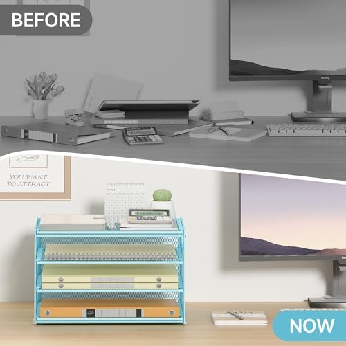 4 Tier Paper Organizer with Handle,Letter Tray Blue Desk Organizer Set
