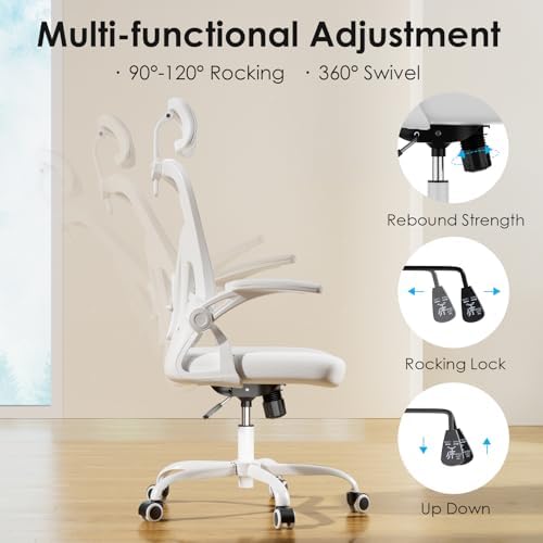 Farini Ergonomic Office Chair, Home Office Desk Chair with Headrest, High Back Swivel Computer Chair with Armrests and Adjustable Lumbar Support for Home Office Study Room, White & White