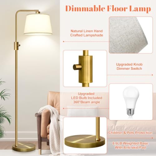 Nintiue Dimmable Floor Lamp, 1000 LM LED Edison Bulb Included, Arc Floor Lamps for Living Room Modern Standing Lamp Tall Lamps for Living Room Bedroom-Brass