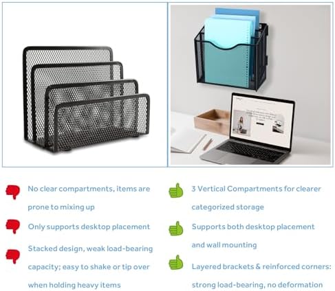 Metal Desktop File Organizer with 3 Vertical Compartments Wall Mounted Mail Paper Document Folder Holder Magazine Storage Rack for Home Office Classroom,Black