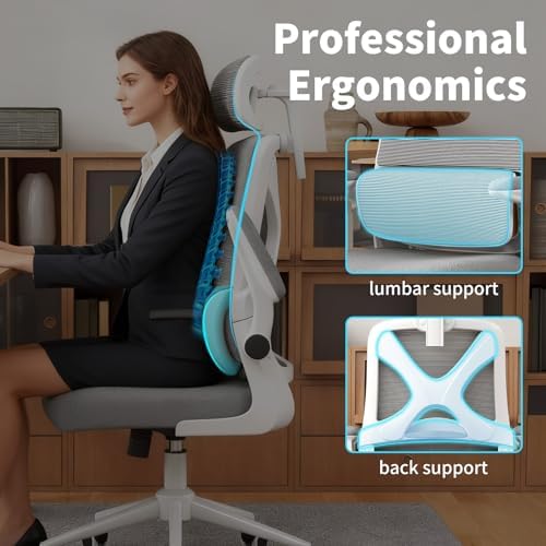 Ergonomic Office Chair - Desk Chair with Adjustable Headrest Lumbar Support Computer Chair - Mesh Comfy Chair with Flip-up Armrests - Gaming Chairs for Adults Home Office (White+Gray)