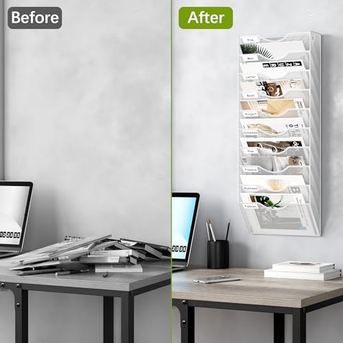 EasyPAG 10 Pocket Mesh Wall File Organizer, Hanging Paper Folder Holder with Classify Label, Vertical Wall Mount Mail Organizer for Office Home Classroom, White