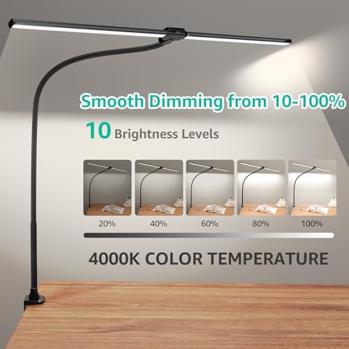 ShineTech LED Desk Lamp for Home Office, 4000K Neutral White Double Head Architect Task Lamps with Clamp, Dimmable Adjustable Flexible,Black