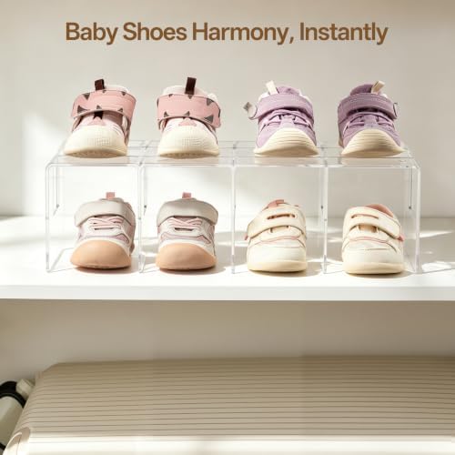 HBlife Widened 3.94 Inch Clear Acrylic Kids Shoe Rack for Closet Organizers and Storage, Small Shoe Rack 4 Sections Toddler Baby Shoe Storage Organizer Shelf, Desk File Book Purse Organizer (4 Pack)