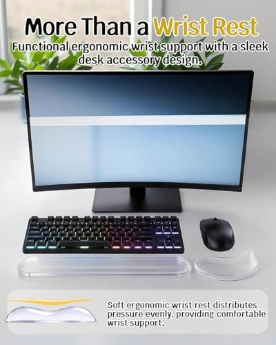 Clear Gel Keyboard Wrist Rest with Mouse Pad Wrist Support, Ergonomic Wrist Rest for Computer Keyboard and Mouse, Non-Slip Cooling Keyboard Pad for Office, Gaming & Laptop (Transparent)