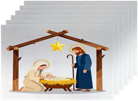 Shrahala Christmas Christ Scene Set Of 6 12 X 18 Inch Linen Placemats , Merry Christmas Concept With Holy Burlap Table Mat Washable Double Layered Heat Insulation For Indoor/Outdoor