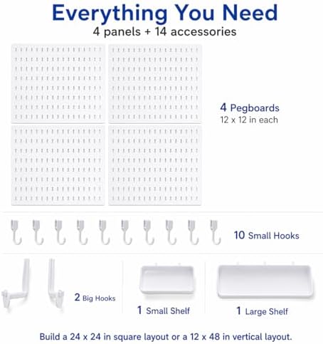 Colville White Pegboard Wall Organizer Kit, 4 Pcs 12 x 12 in ABS Plastic