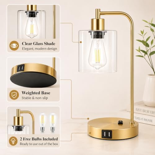 Industrial Touch Control Table Lamps Set of 2 - Gold Nightstand Bedside Lamps with 2 USB Ports & AC Outlet, 3-Way Dimmable Desk Lamp for Bedroom Living Room, Glass Shade & 2 LED Bulbs Included