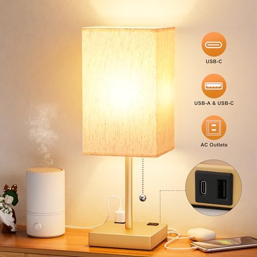 Gold Bedside Lamp for Bedroom - 3 Color Temperatures, USB A+C, 2 AC Outlets