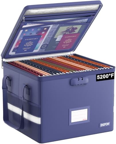 ENGPOW 5200°F File Box Fireproof Document Box with Lock,Heat Insulated Collapsible File Storage Organizer Box with Handle,Portable Home Office File Cabinet for Hanging Letter/Legal Size Folder, Blue
