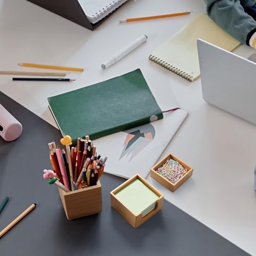 Desk Organizer Set of 3 - Wood Office Desk Accessories - Desk Organizers and Accessories for Women Men - Set incl. Pencil Pen Holder, Paperclip Storage and Sticky Note Holder