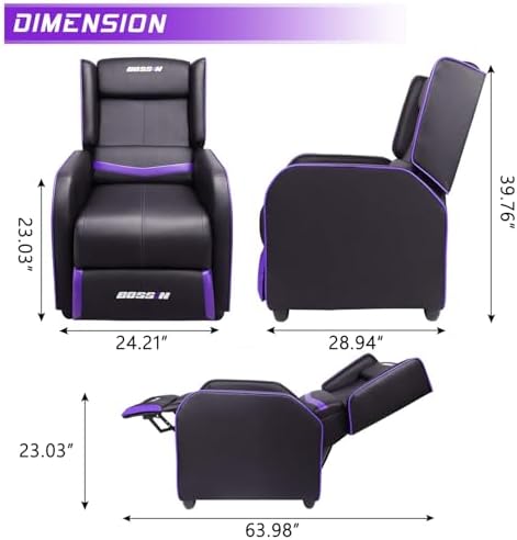 BOSSIN Gaming Recliner Chair for Adults 400lbs Racing Style Sofa Big and Tall PU Leather Recliner Seating, Modern Ergonomic Lounge Comfortable Home Movie Theater for Living Room(Purple)
