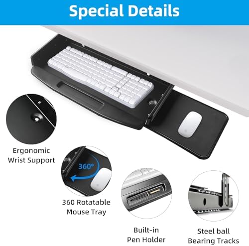 Solid Steel Under Desk Keyboard Tray Slide Out with 360° Rotating Mouse Platform,Keyboard Shelf Sliding,Under Desk Mounted Keyboard Holder,Under Desk Keyboard Drawer 28"Lx11"W