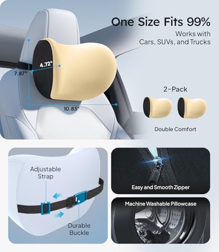 Wigoo Soft Car Neck Pillow with Adjustable Strap, Beige 2-Pack