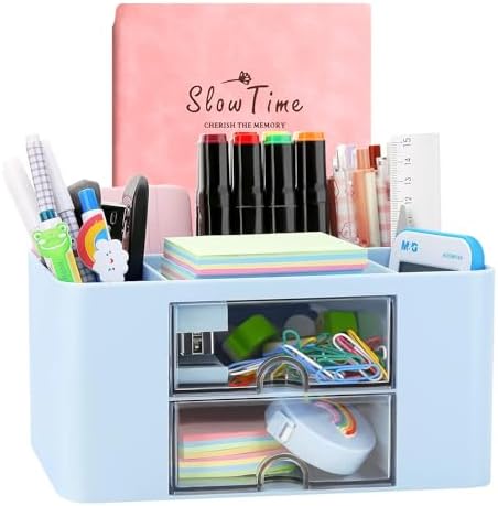 Creative & Simple Desk Organiser, 7 Grids, Plastic Table Organiser with Drawer, Multifunctional Desk Organiser, Pen Holder for School, Office, Home (Blue)