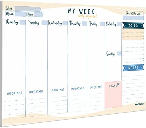 PACKLIST® Undated Weekly Planner Desk Pad (8.3x11.7 in) – 52 Tear-Off Sheets Colorful Schedule Notepad – 100 GSM Paper Weekly Calendar & To-Do List Organizer for Work, School, Projects & Entrepreneurs