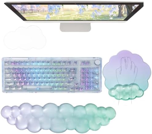 Gel Cloud Wrist Rest Keyboard Clear Green Purple Mouse Pad with Wrist Rest Set 3PCS Ergonomic Cool Keyboard Wrist Pad Cute Acrylic Coaster Non-Slip Base Cute Transparent Mouse Wrist Pad Support