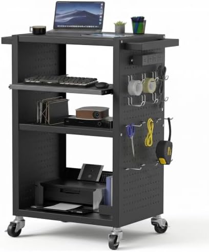 Mobile AV Cart with Pullout Keyboard Tray Media Utility Cart with Pegboard Hooks 4 Outlets & Push Handles Rolling Computer Cart with Lock Brake Wheels Mobile Computer Workstation