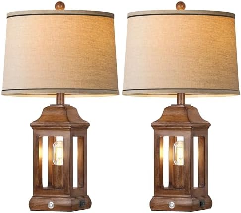 24" Rustic Farmhouse Table Lamps for Living Room Set of 2, Touch Dimmable Nightlight Vintage Bedside Lamps with USB A+C Ports & Dual Light Sources for Bedroom Nightstand End Table, Wood Grain