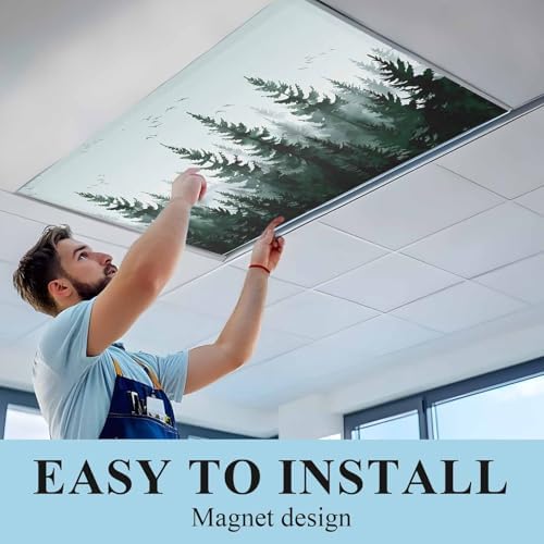 Pine Tree Forest Magnetic Fluorescent Light Covers for Ceiling Lights 2 x 4 Feet, Green Landscape Nature Decor Office Classroom Kitchen Drop Ceiling Light Covers Lighting Filters Shade Panel 4 Packs