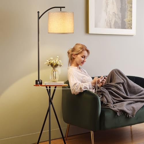 ROTTOGOON Floor Lamp with Table, End Table Lamp with Remote Control and Charging Station(USB A & Type-C & AC Port), 4 Color Temperatures, Floor Lamps for Living Room, Bedroom and Home Office,Black