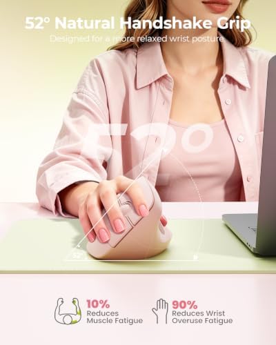 seenda Ergonomic Wireless Mouse, 52° Vertical Bluetooth Mouse,Light Pink