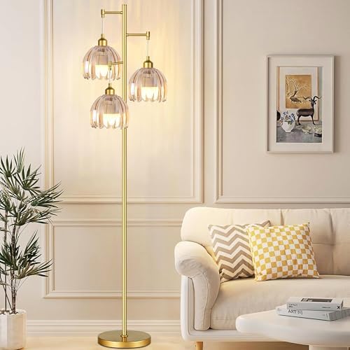 Gold Floor Lamps for Living Room Vintage Floor Lamp with Glass Lmapshape & Three Led Bulb,Green Floor Lamp Brass Mid Century Modern Standing Lamp Tall Tree Flower Floor Lamps for Bedroom,Office,Corner