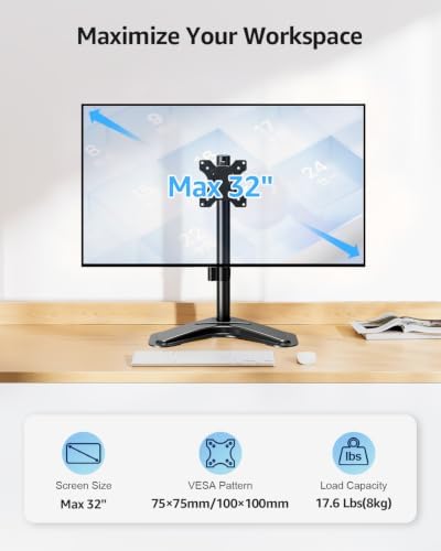 MOUNTUP Single Monitor Stands, Freestanding VESA Monitor Desk Mount fits 13'' to 32'' Computer Screen with Height Adjustable, Swivel, Tilt, Rotation, 17.6 lbs Load, For Home Office, VESA 75x75/100x100