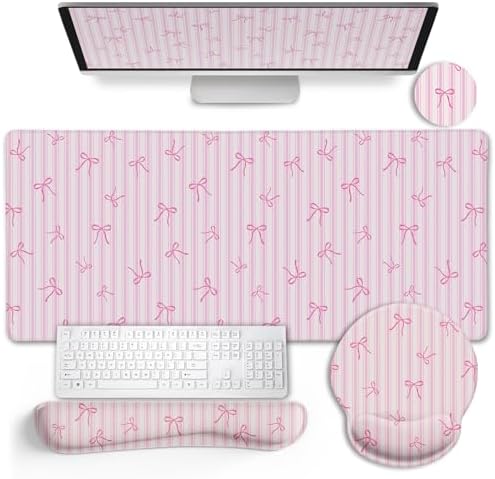 LIMKRIAN Pink Striped Mouse Pad Desk Mat Set, Cute Back to School Supplies