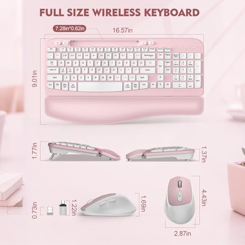 Wireless Keyboard and Mouse Combo, Full-Sized Ergonomic Wave Keys Keyboard with Memory Foam Wrist Rest & Phone Holder, 2.4G Quiet Keyboard Mouse Work Setup for PC Laptop, Office or Home (Pink)