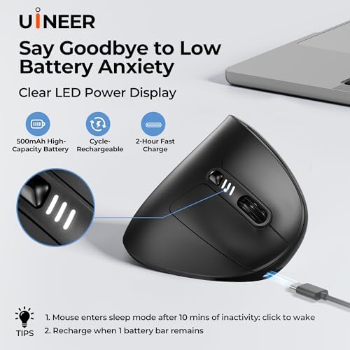 Uineer Vertical Ergonomic Mouse, Wireless Bluetooth Mouse, 3-Device