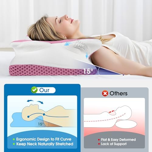 CloudBliss Cervical Memory Foam Pillow for Neck and Shoulder, Contour Neck Support Pillow with Cooling Case, Ergonomic Bed Pillow, Support for Side Back Stomach Sleepers (Pink, Standard Size)