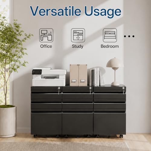 Fully Assembled 3 Drawer Mobile File Cabinet with Lock