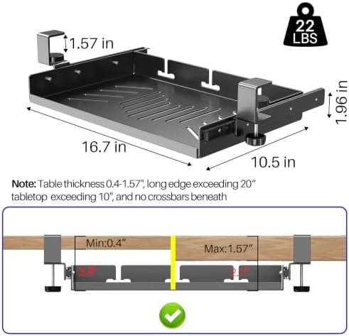 BYMECOST Sliding No Drill Under Desk Laptop Mount, Metal Storage Shelf