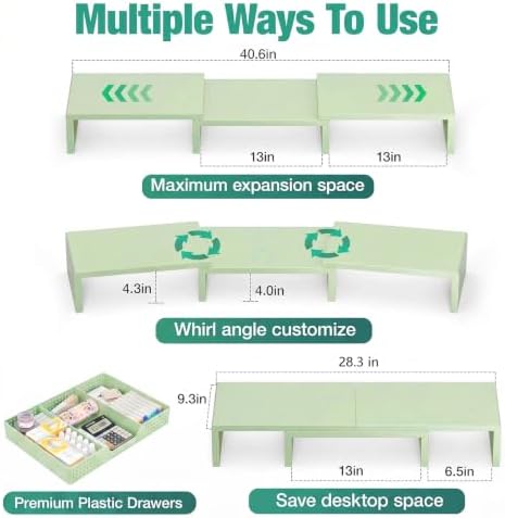 OPNICE Dual Computer Monitor Stand Riser, Desk Organizer with Drawer, Office Desk Accessories & Workspace Organizers for Home Office Supplies, Green