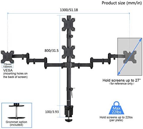 Suptek Quad LED LCD Monitor Stand up Desk Mount Extra Tall 31.5 inch Pole Heavy Duty Fully Adjustable Stand for 4 (3+1) / Four Screens up to 27 inch (MD6864)