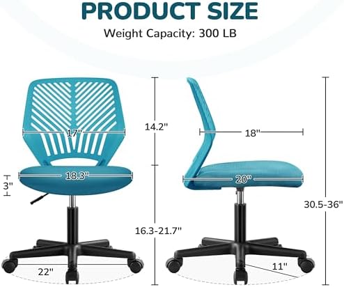 Yaheetech Small Desk Chair, Armless Adjustable Swivel Seat, Turquoise